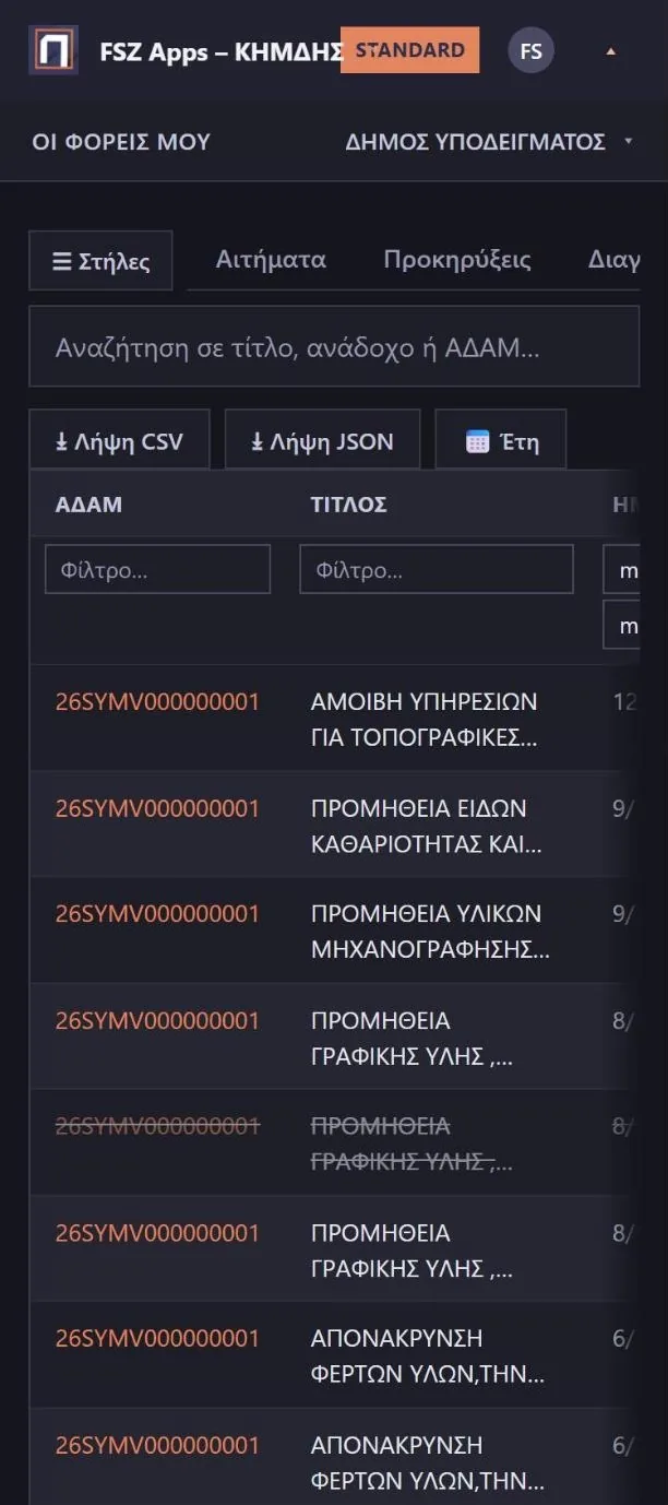 Ο πίνακας εγγραφών σε κινητό. Οι στήλες παραμένουν όλες εκεί και ο πίνακας κυλά οριζόντια μέσα στο πλαίσιό του.